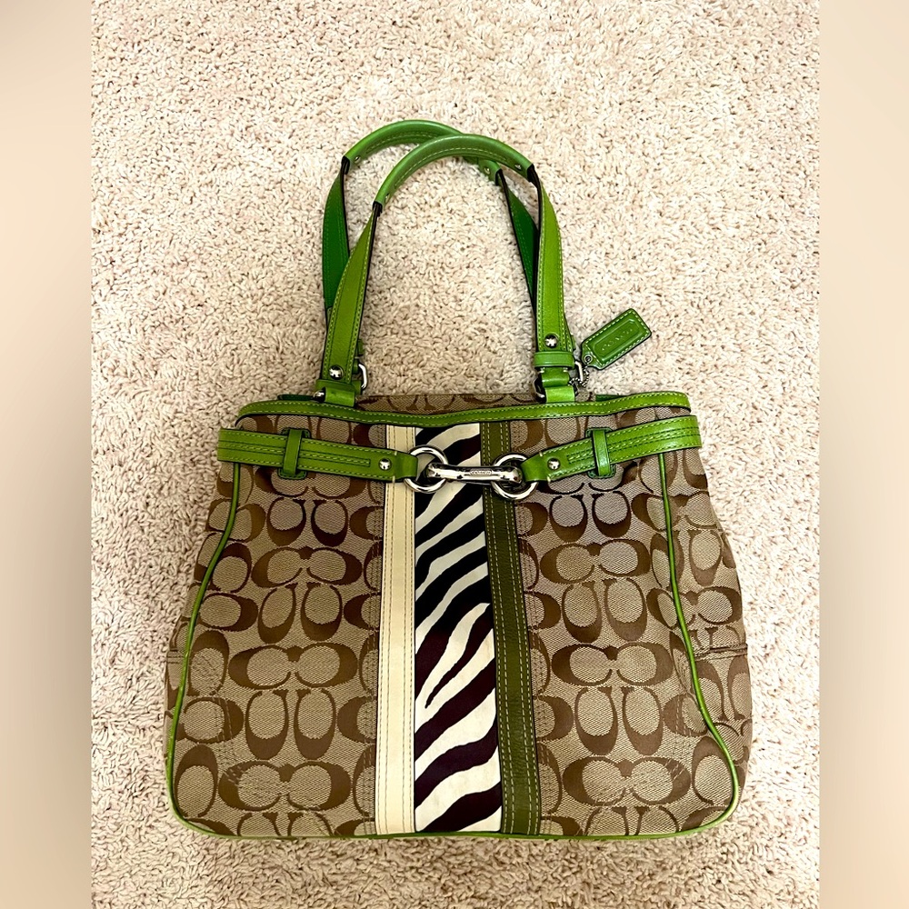 Coach Signature Tote with green trim and zebra accent